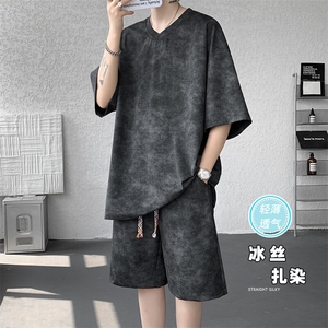 特批P48无差价25夏季休闲冰丝扎染大码V领T恤短裤两件套男TZ5144,夏季童装搭配技巧潮童挂板图片