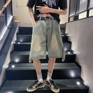 美式复古牛仔短裤男款夏季小众设计感黄泥裤子 P38图片