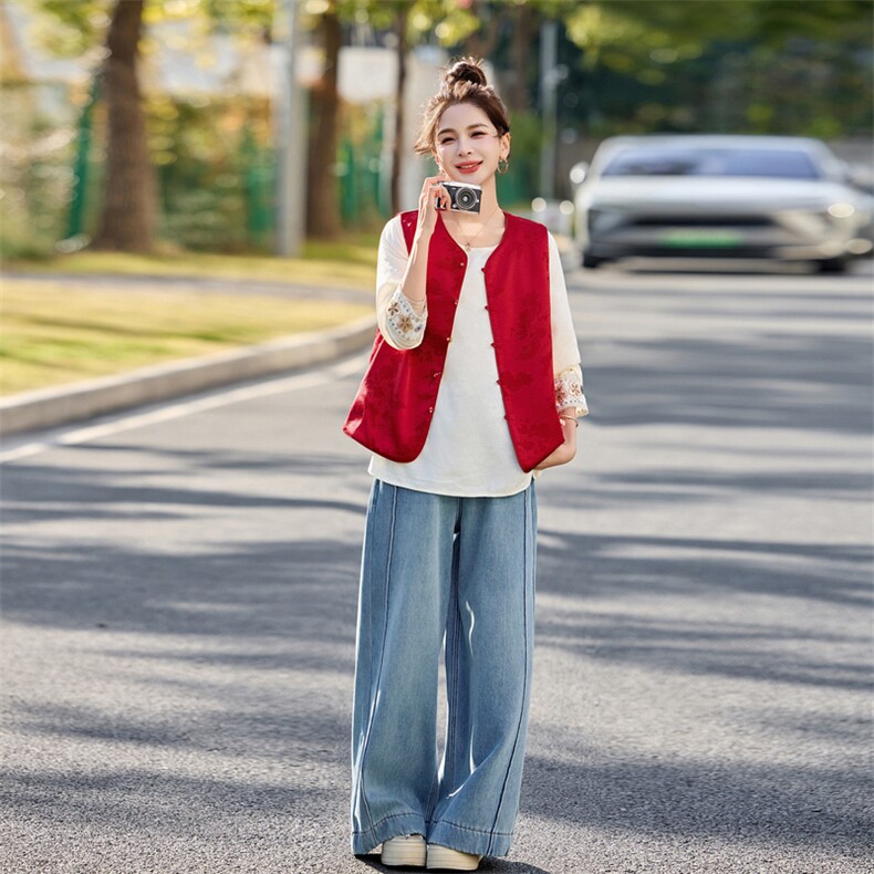 现货！2026春装新款新中式复古两面穿提花马甲上衣两件套,女装套装/套裙,涵墨