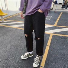 夏季港风破洞牛仔裤男宽松直筒潮牌百搭坠感阔腿九分裤子1730-p35，男装牛仔裤，星座1008-1