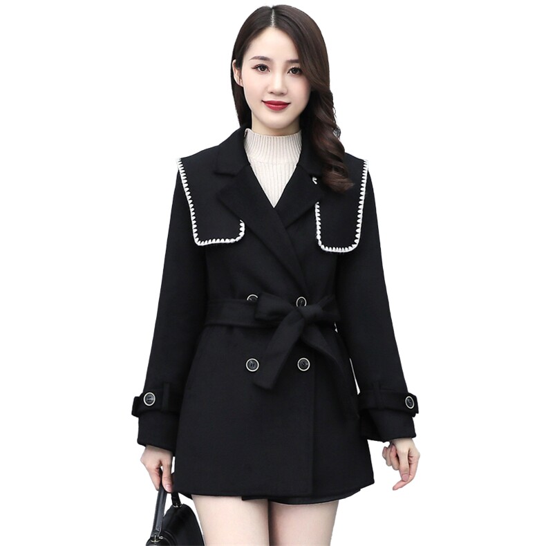 高级感毛呢外套女2021春秋季新款海军领气质女神范百搭中长款大衣,女装毛呢外套,千千佰惠