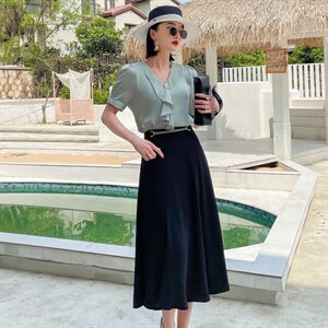 2022夏季新款时尚气质荷叶边小衫+休闲半身裙两件套，女装套装/套裙，时尚俏佳人