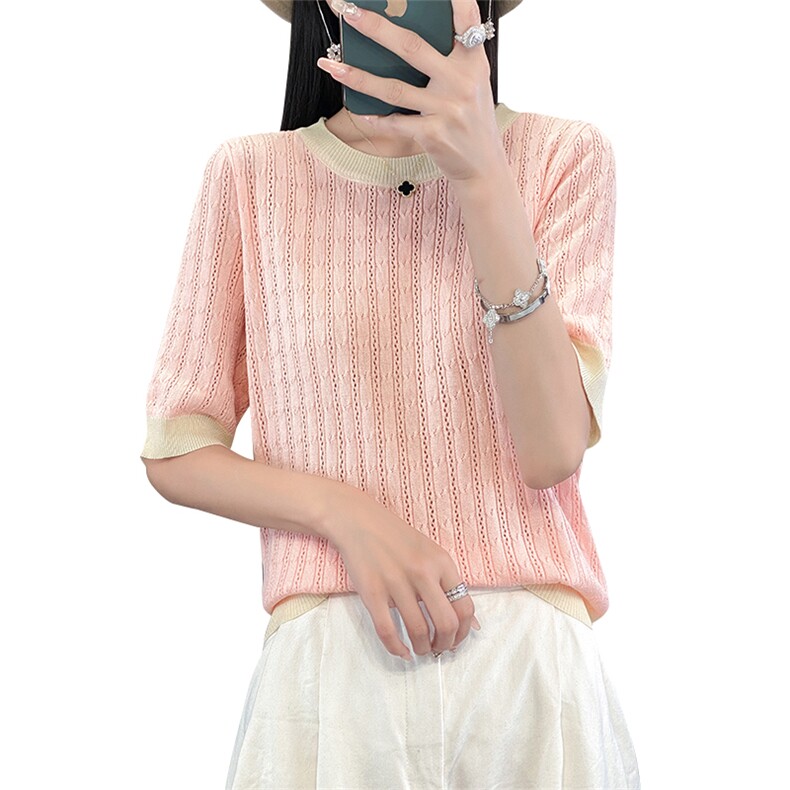 夏季薄款拼色圆领镂空短袖女透气亲肤柔软百搭时尚冰丝背心T恤衫,针织衫/毛衣,萱芳婷羊绒