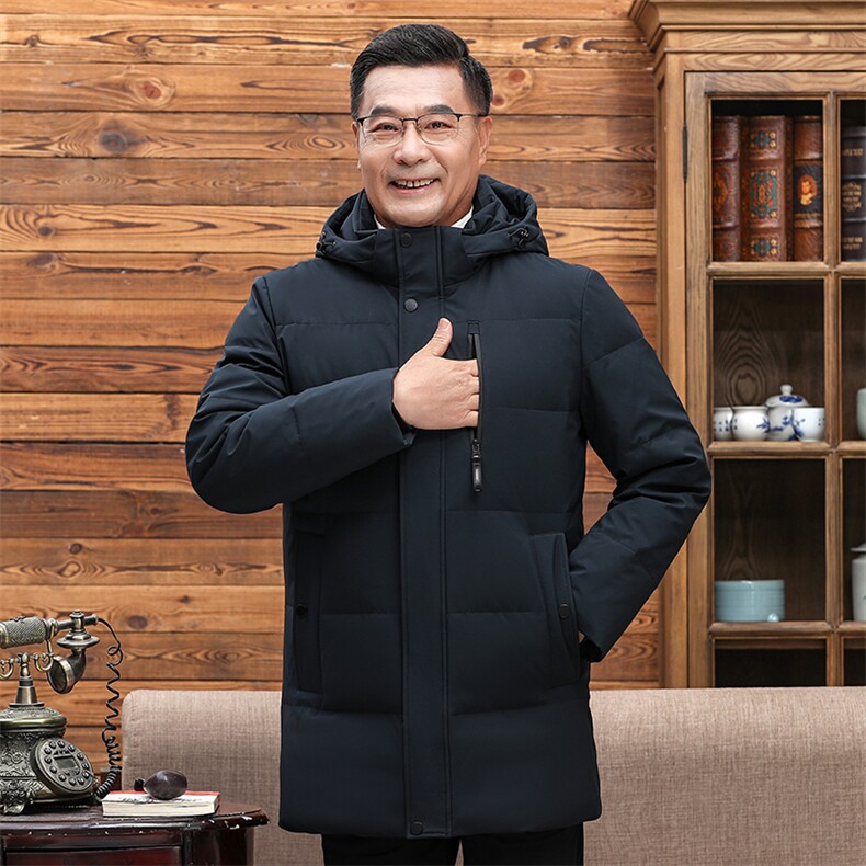 中老年羽绒服男士中长款加厚防寒中年休闲白鸭绒连帽可脱卸外套，男装羽绒服，钱塘6003（原4033）