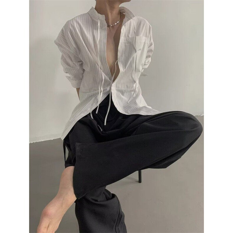 【有货】原创设计气质百搭抽绳飘带解构条纹长袖衬衫CY2002P45,男装衬衫,星座1004（原星座815-3）