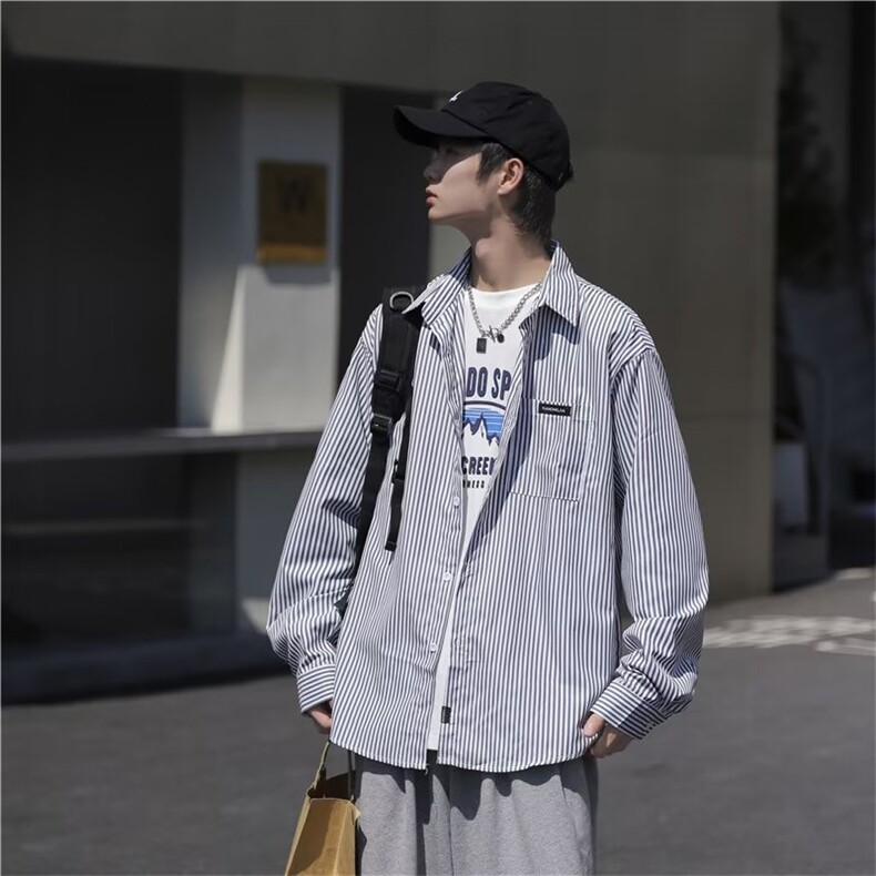 条纹长袖衬衫男生宽松复古休闲上衣ins潮牌百搭衬衣外套S220-P30,男装衬衫,星座1008