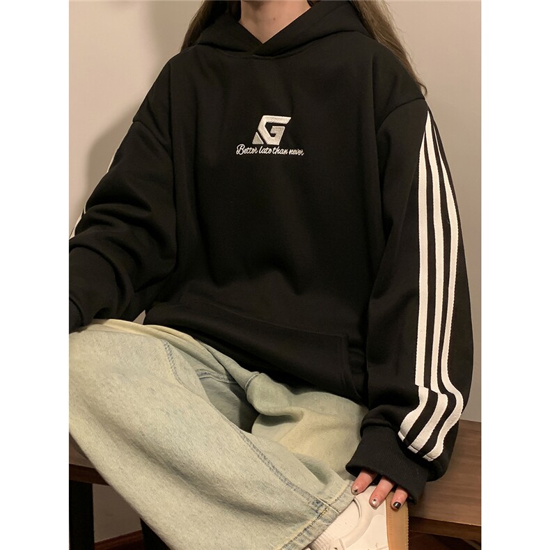 中性风连帽刺绣LOGO字母设计袖子三杠织带卫衣男WY77737P58控78，男装卫衣，星座227-7