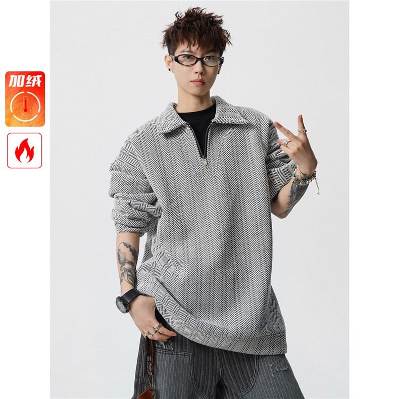 雪尼尔满天星半拉链翻领卫衣大码高级Polo衫外套LW610特P50加绒60,男装Polo衫,电商B215