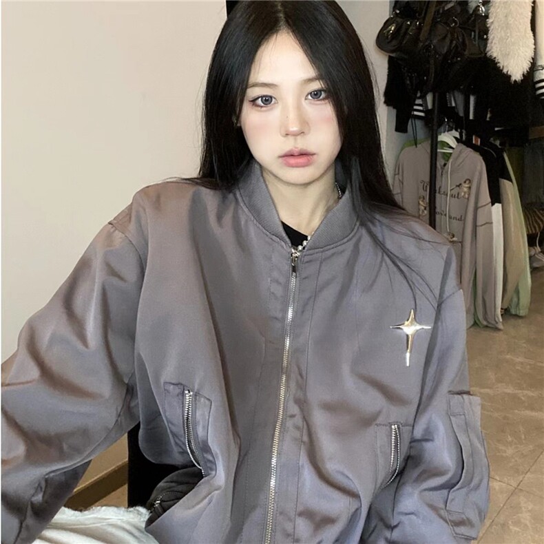 纯色拉链原宿新款直筒型百搭女潮流长袖短外套ins简约文艺流行,女装短外套,星座1210-1