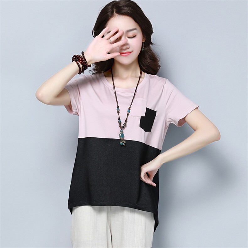 拼接圆领短袖时尚简约优雅甜美2021年夏季蕾丝衫/雪纺衫，女装蕾丝衫/雪纺衫，雪樱依海