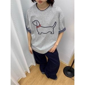 美式复古小狗刺绣格纹拼接假两件短袖T恤女夏季休闲宽松纯棉上衣图片