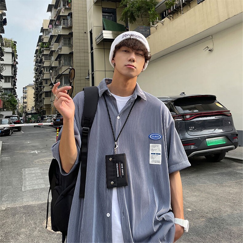 1港风情侣贴布衬衫大码M-5XL网红潮短袖衬衫男DCS7813P45控68，男装T恤，星座226-2