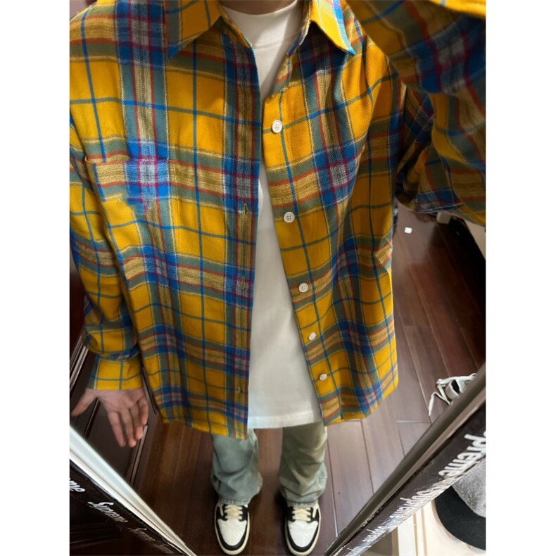 【有货】C626LL-特P38cleanfit黄色格子衬衫男女美式复古长袖衬衣,男装衬衫,星座1007（原301D）