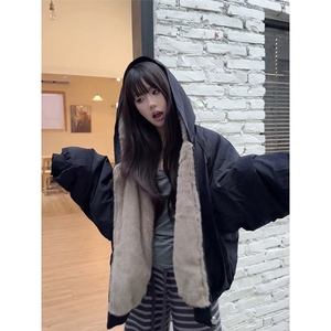 网图有货 自制座山雕两面穿毛毛棕色连帽棉服外套男女 A1108-P90图片
