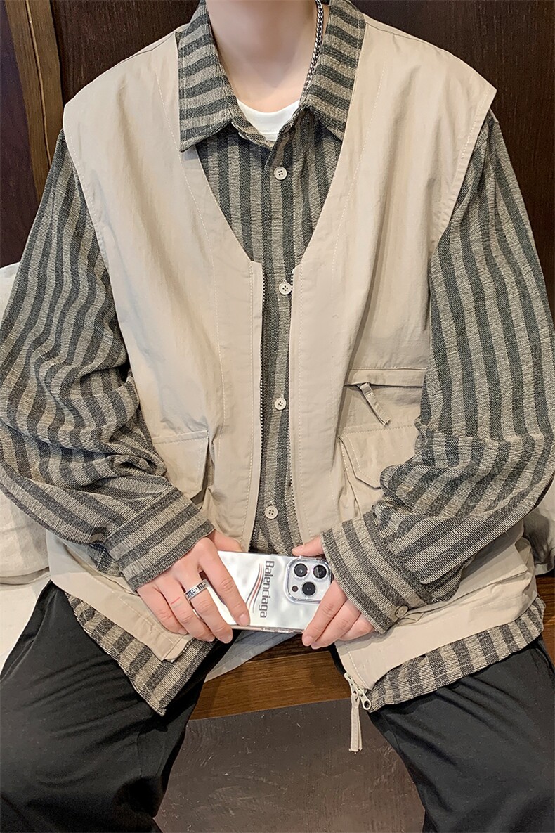8XL-M特大码衬衫男假两件拼接衬衫新中式坎肩马甲外穿CS508TP68,男装衬衫,电商D206-1