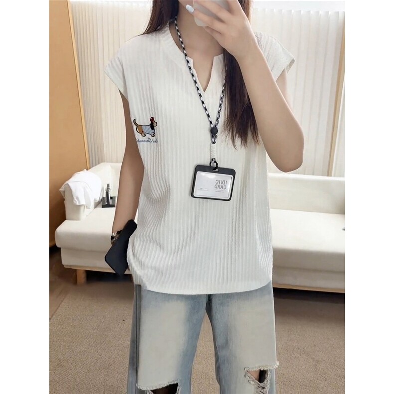 白色肌理感冰感无袖背心男女款夏季腊肠小狗刺绣t恤美式运动坎肩图片