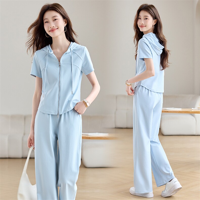 时尚休闲运动服套装女2025夏季新款连帽短袖T恤阔腿直筒裤两件套，女装套装/套裙，文熹诺