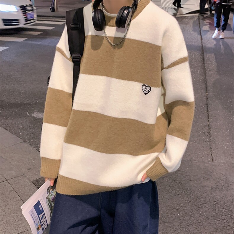 M3126-P80冬装新款潮流条纹百搭毛衣男女情侣宽松针织衫上衣外套,男装针织衫/毛衣,电商A009A（原A058A）