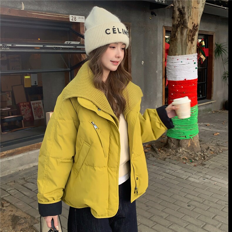 黄色韩系针织拼接羽绒服女2025冬季新款小个子宽松保暖白鸭绒外套,女装羽绒服,2B113