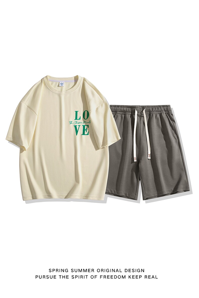 夏季运动套装日系白底休闲百搭时尚短套装CK2411+TC3131-P51控89,男装休闲套装,星座717