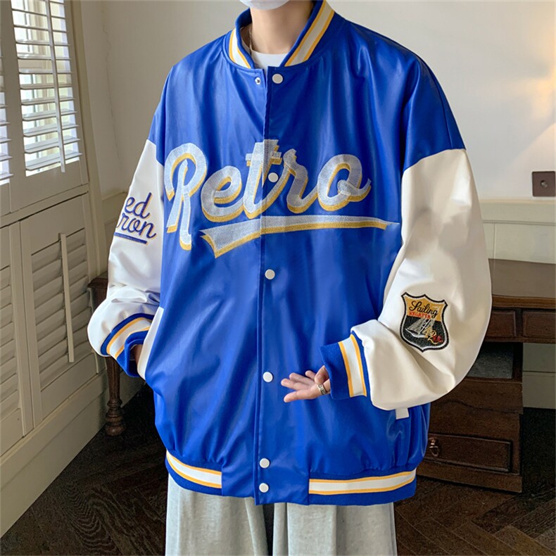特批72控128秋款pu皮拼色男士棒球领刺绣外套机动皮夹克潮PJ222,男装夹克,电商B370