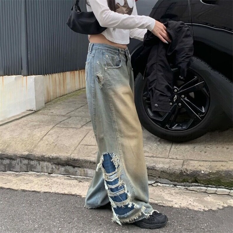 韩版潮款流苏破洞牛仔裤垂感长裤水洗牛仔裤朋克风直筒裤腿青少年,男装牛仔裤,星座506A