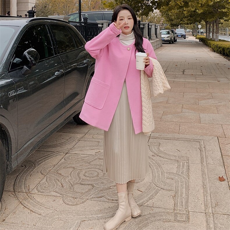现货，2022新款粉色加厚加搭灰毛巾中长款毛呢大衣P155-K228,女装连衣裙,浙宝276（原081）