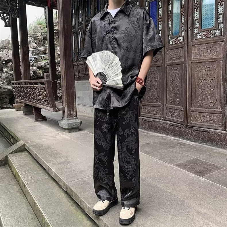 新中式风套装男龙纹衬衫短袖裤子夏季2024新款男装搭配,男装衬衫,星座716-4