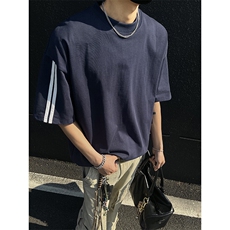 高品质二开240克宽松纯棉美式高街痞帅两杠织带短袖T恤特19.5，男装T恤，电商A486