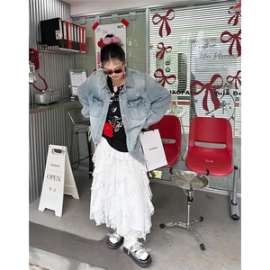 美式复古毛边牛仔夹克男女宽松时尚百潮牌搭破洞牛仔外套JA38-P75图片