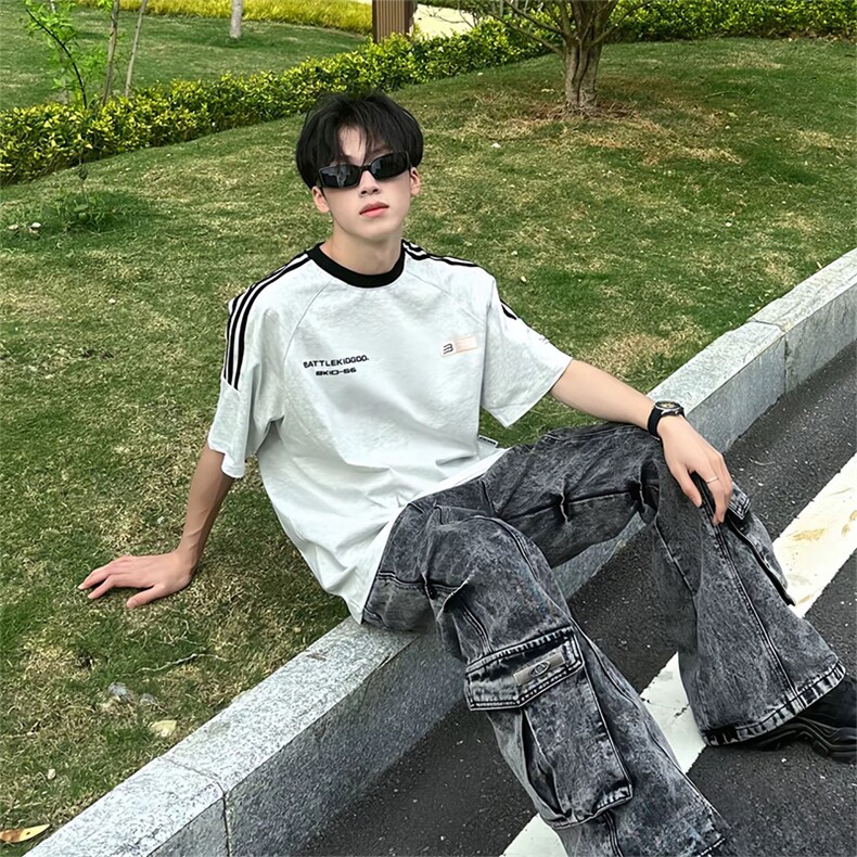 抖音得物供货240克宽松纯棉美式潮牌印花三杠半织带短袖T恤AT1604图片