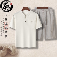 主推605/808风中老年亚麻套装短袖T恤中年棉麻亚麻短裤，男装牛仔裤，钱塘723