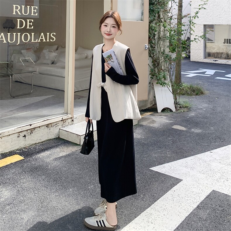法式马甲黑色连衣裙套装女2025秋新款高级感圆领长袖卫衣裙两件套,女装套装/套裙,2C255