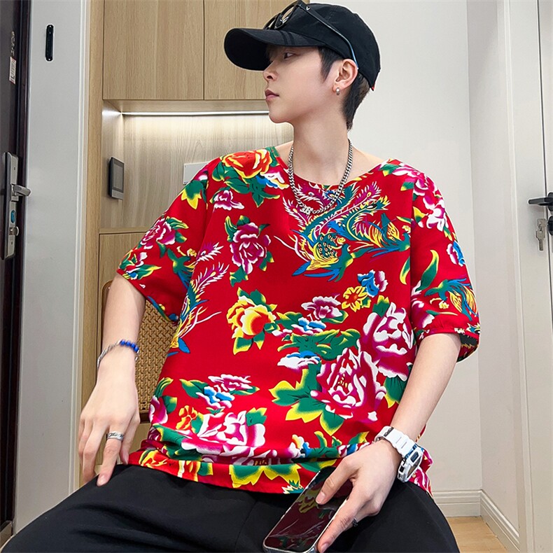 HT203夏男休闲东北大花民族风牡丹花圆领短袖T恤青少年大码男女，男装T恤，星座115A(原星座507）