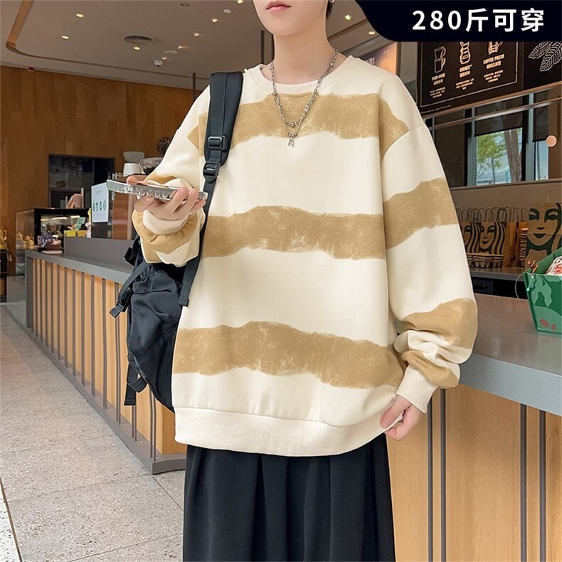 大码慵懒风复古圆领套头条纹卫衣秋季新款宽松显瘦休闲长袖上衣,男装卫衣,星座506A