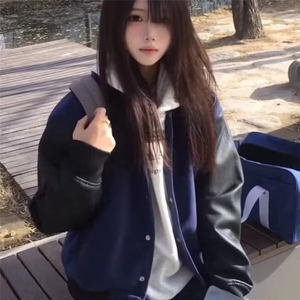 潮流春秋美式复古街头休闲高街短款拼接棒球服夹克外套男女