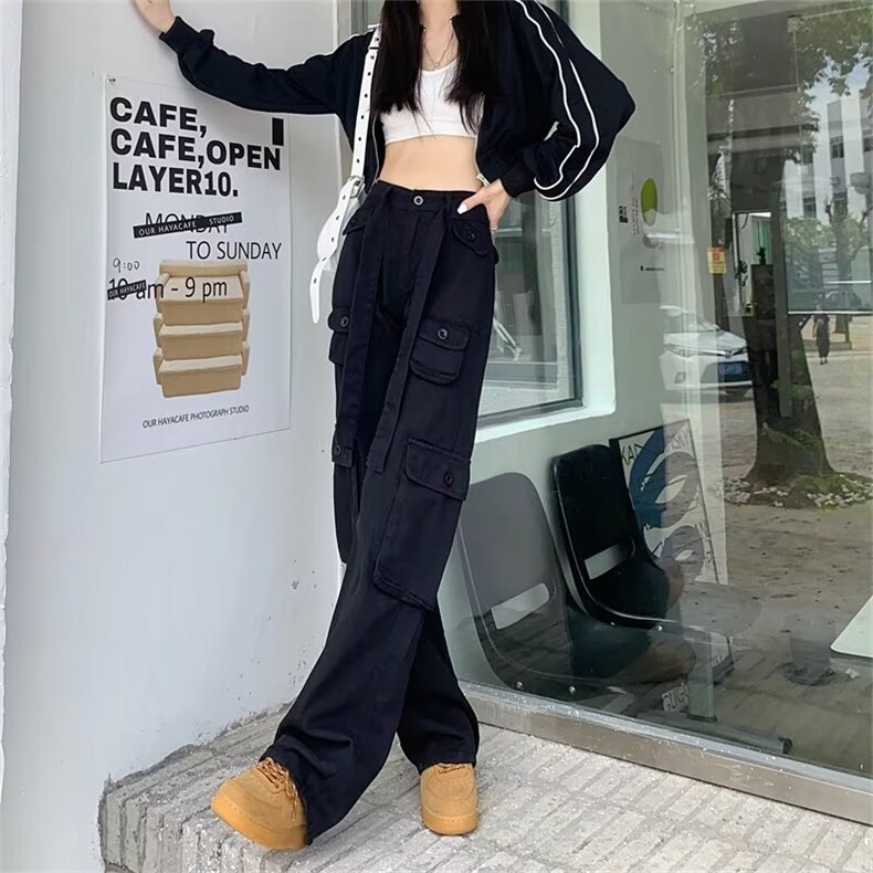 高腰直筒工装裤黑色显瘦甜酷风宽松阔腿休闲裤女，女装休闲裤，中性港风女装