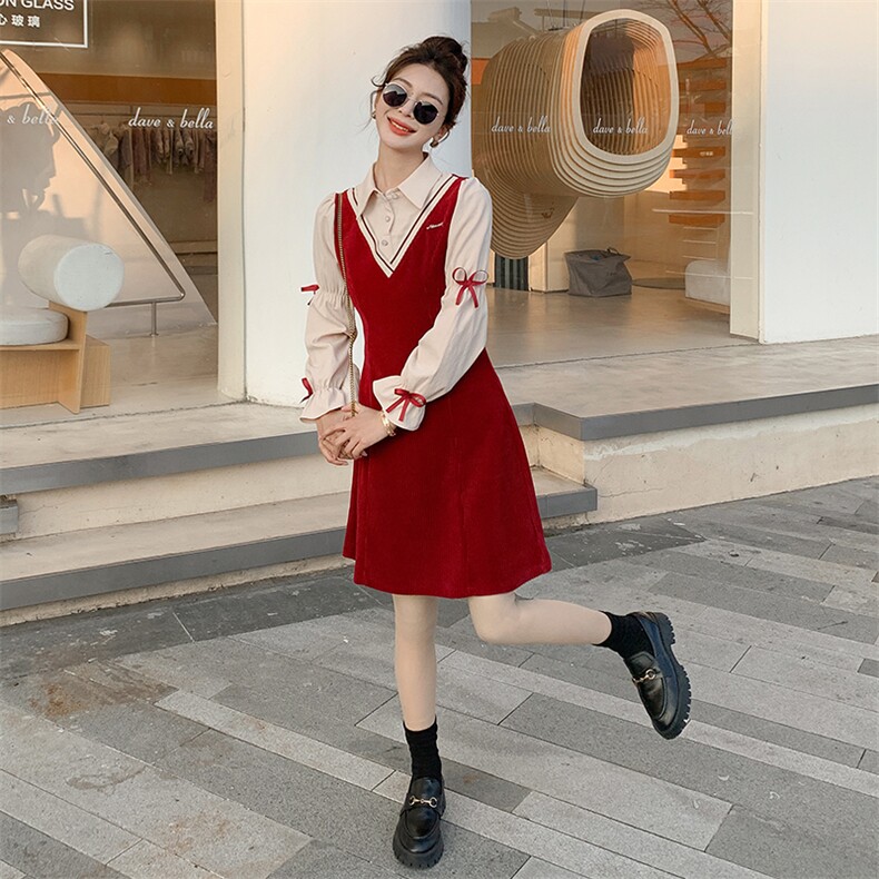 《48H发》时尚可爱气质减龄假两件衬衫V领连衣裙，女装连衣裙，辰辰家