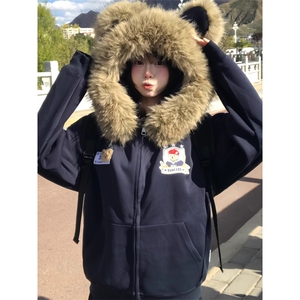 灰色连帽卫衣女2025秋冬美式复古小个子薄款慵懒刺绣宽松拉链图片