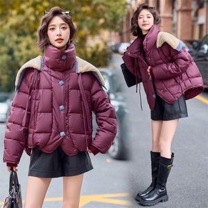 【bao款现货】2024新款冬装百搭重工拼接牛仔仿羊羔毛羽绒服70绒图片
