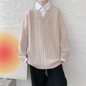 假两件衬衫领毛衣男秋冬宽松慵懒风韩系麻花针织衫外套MY19003P78图片