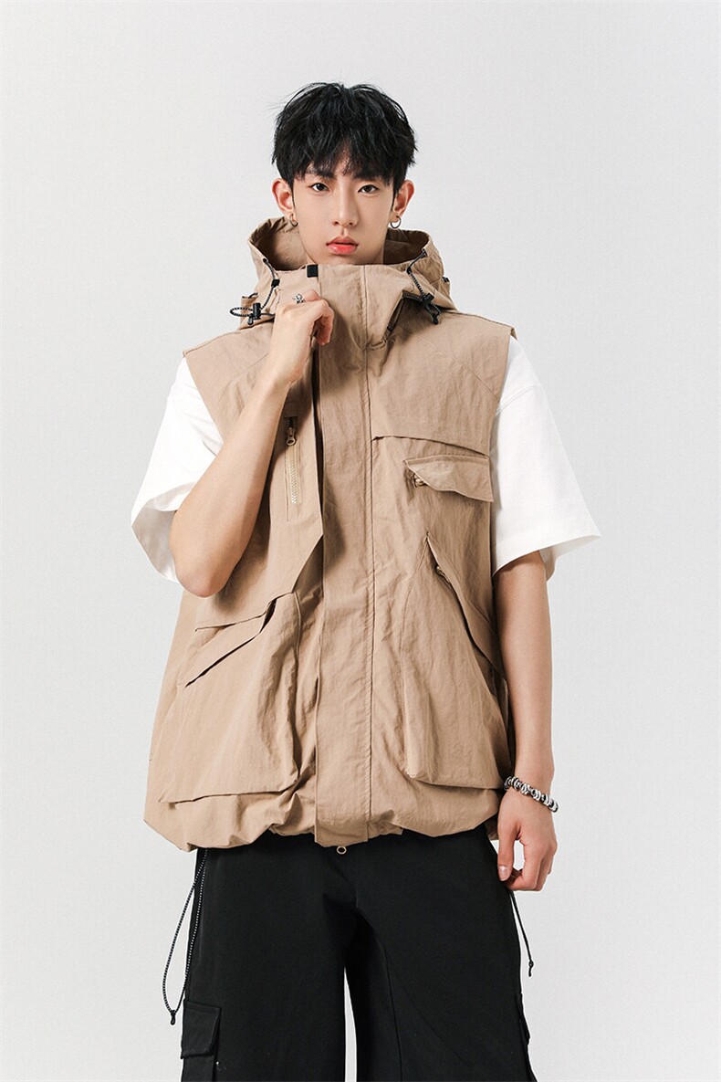 8XL-M四季工装外套街头机能口袋连帽防水无袖马甲坎肩JK1316P78,男装夹克,电商D206-1