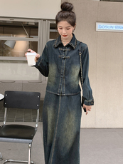 时尚显瘦牛仔套装半身裙两件套气质百搭长袖外套+高腰A字裙春季必备单品，女装套装/套裙，秋水欣儿