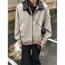 拼接千鸟格纹廓形皮领夹克2025春季新款设计感小众外套J5344，男装夹克，星座1116A（原606A-3）