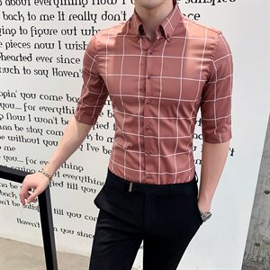 2021夏季七分袖格子衬衫男中袖半袖短袖衬衣A470-CS06图片