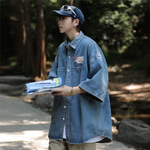 牛仔短袖衬衫男女夏季薄款痞帅衬衣外套潮牌潮流设计感小众-C472图片