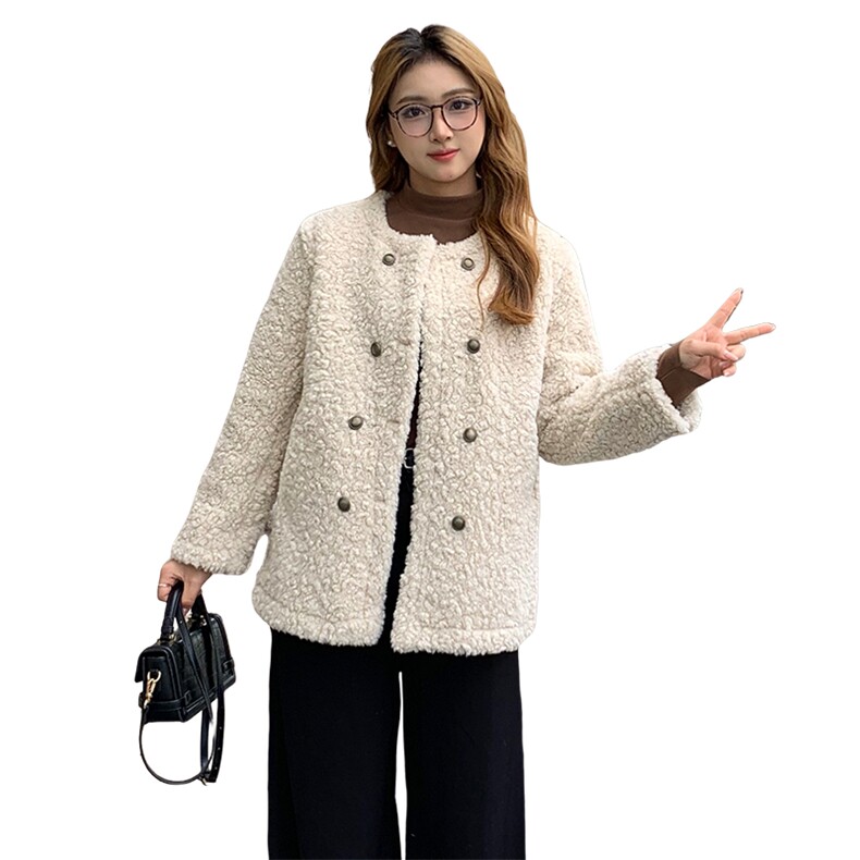 2024冬装新款原创设计皮毛一体长袖双排扣短款外套女,女装短外套,天丝秀