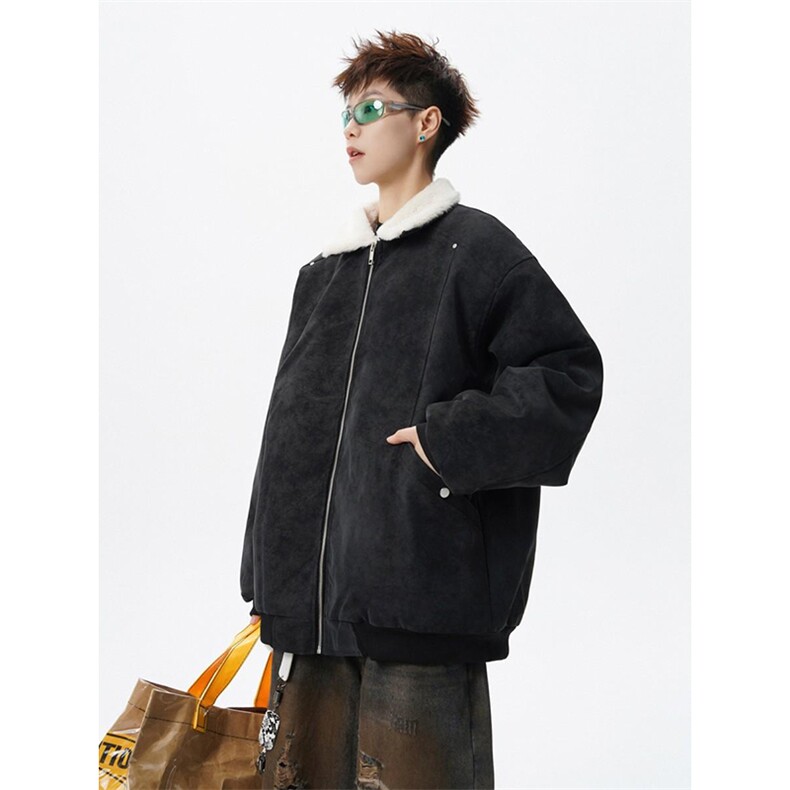 现货重磅硬挺boxy羽绒棉衣座山雕羊羔毛领洗水麂皮棉服冬外套,男装棉衣,电商A486