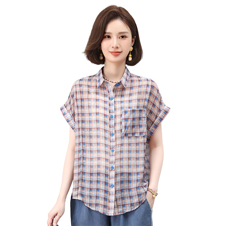 叶笙衣2551小翻领格子衬衫,女装衬衫,叶笙衣