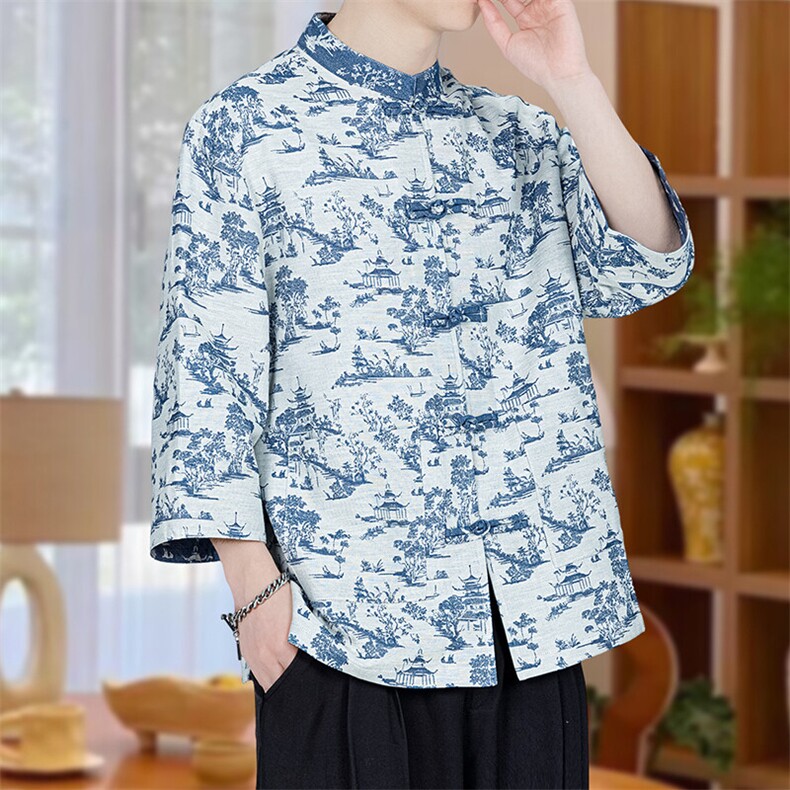 2025春夏新款男士七分袖牛仔水洗提花中式盘扣衬衫A021-KS518-P75,男装衬衫,电商A021